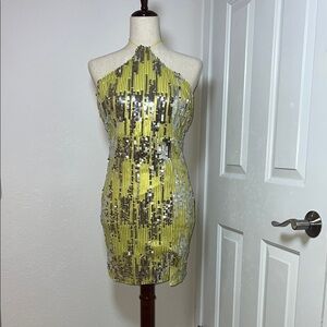 Fashion Nova Yellow Gold‎ Sequin Halter Mini Dress